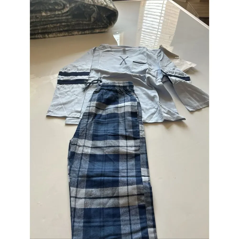 Leisure Boys Navy Tee Plaid Lounge Pajama Set 2pc Size M US